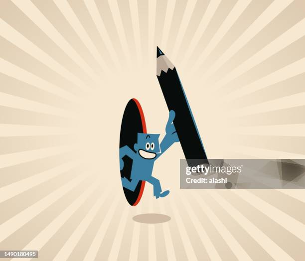 a smiling blue man holding a big pencil gets out of his comfort zone - breaking and exiting stock illustrations