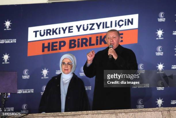 President Recep Tayyip Erdoğan delivers a speech from a balcony on May 15, 2023 in Ankara, Türkiye. Turkey votes for its 13th President, who will...