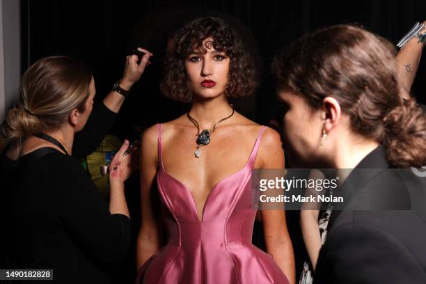 Model prepares backstage ahead of the ALEMAIS show during Afterpay Australian Fashion Week 2023 at Carriageworks on May 15, 2023 in Sydney, Australia.