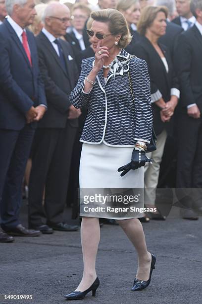 Queen Sonja of Norway attends a wreath laying ceremony at the Ministries, to commemorate the anniversary of the terrorist attacks committed by Anders...
