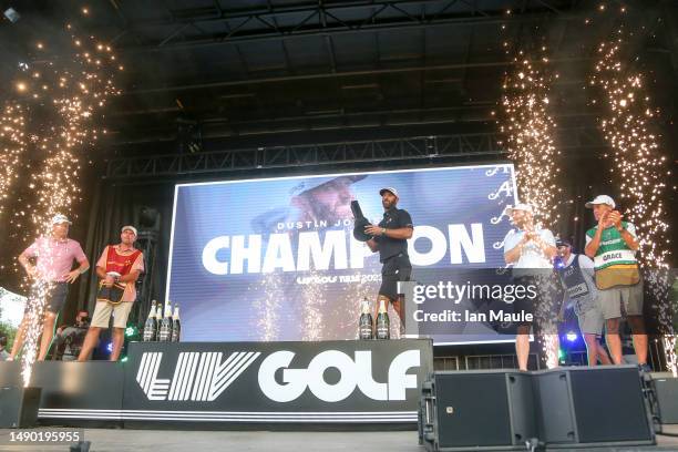 Dustin Johnson of Aces GC celebrates after winning the LIV Golf-Tulsa individual championship during Day Three of the LIV Golf Invitational - Tulsa...