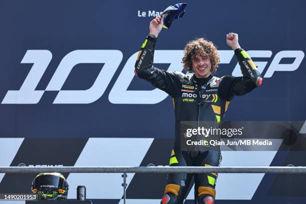 Marco Bezzecchi of Italy and Mooney VR46 Racing Team celebrates his win on the podium during the MotoGP of France - Race at Circuit Bugatti on May...