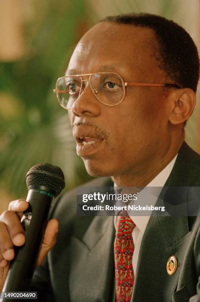 Close-up of Haitian president-elect Jean-Bertrand Aristide as he holds a press conference after winning the election, Port-au-Prince, Haiti, November...