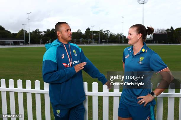 Usman Khawaja and Jess Jonassen pose during a Cricket Australia media opportunity after the announcement of the 2023/24 International Season at Allan...