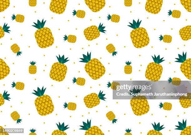 pineapple with yellow dots seamless pattern on white background. tropical fruit background. - fruit cartoon stock pictures, royalty-free photos & images