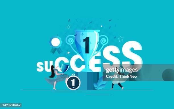stockillustraties, clipart, cartoons en iconen met happy business employee team winners award ceremony flat style design - werknemer-van-de-maand