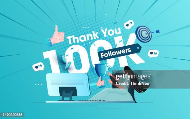 wir feiern das konzept der 100k follower - follower soziale medien stock-grafiken, -clipart, -cartoons und -symbole
