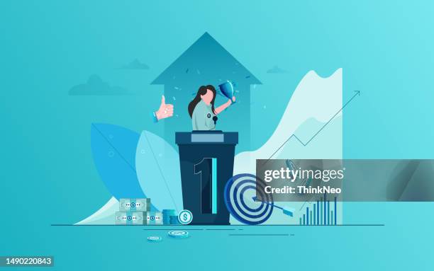 first place. business award. business woman with trophy cup. - winners podium people stock illustrations