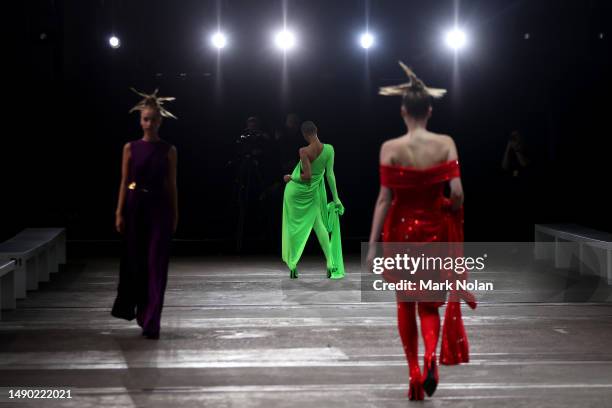 Models rehearse ahead of the Yousef Akbar show during Afterpay Australian Fashion Week 2023 at Carriageworks on May 15, 2023 in Sydney, Australia.