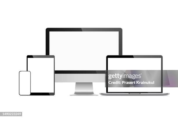 mockup. set of flat device isolated on white background - herramientas profesionales fotografías e imágenes de stock