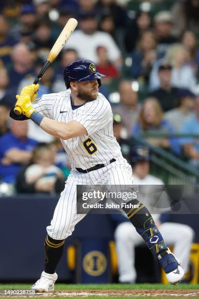 Owen Miller of the Milwaukee Brewers up to bat during the game against the Kansas City Royals at American Family Field on May 13, 2023 in Milwaukee,...