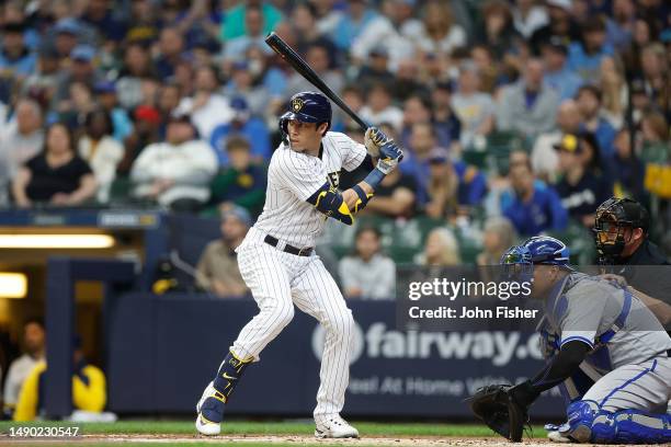 Christian Yelich of the Milwaukee Brewers up to bat in the first inning against the Kansas City Royals at American Family Field on May 13, 2023 in...
