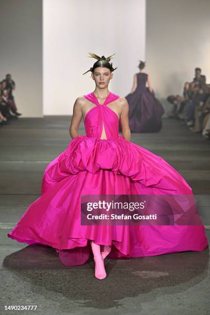 Model walks the runway during the Yousef Akbar show during Afterpay Australian Fashion Week 2023 at Carriageworks on May 15, 2023 in Sydney,...