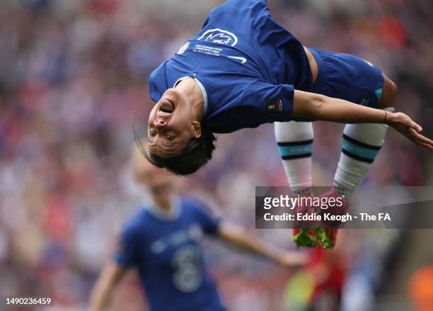 Sam Kerr of Chelsea does a somersault as she celebrates her goal during the Vitality Women's FA Cup Final at Wembley Stadium on May 14, 2023 in...