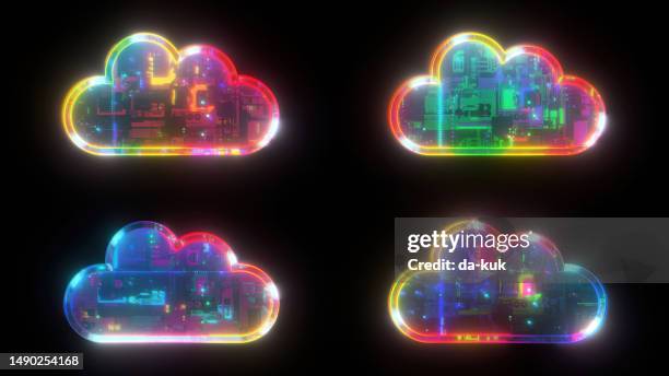 the power of cloud computing. vibrant cloud icon on black background. design element - cloud security stock pictures, royalty-free photos & images