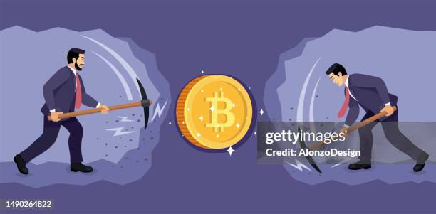 two businessmen digging and mining to find cryptocurrency. bitcoin cryptocurrency mining. - gold mining stock illustrations
