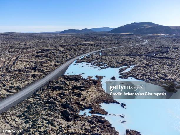 Aerial view of The Blue Lagoon geothermal spa on April 14, 2023 in Grindavik, Iceland.