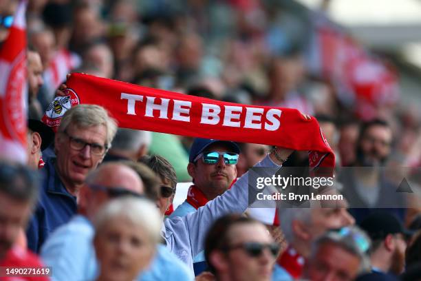 Brentford fans attend the Premier League match between Brentford FC and West Ham United at Gtech Community Stadium on May 14, 2023 in Brentford,...