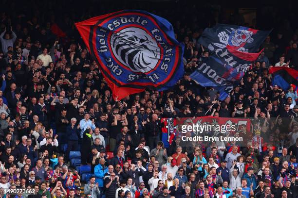 Crystal Palace fans show their support during the Premier League match between Crystal Palace and AFC Bournemouth at Selhurst Park on May 13, 2023 in...