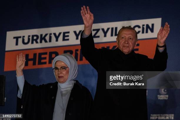 Turkish President Recep Tayyip Erdogan acknowledges supporters at AK Party headquarters on May 15, 2023 in Ankara, Turkey. President Recep Tayyip...