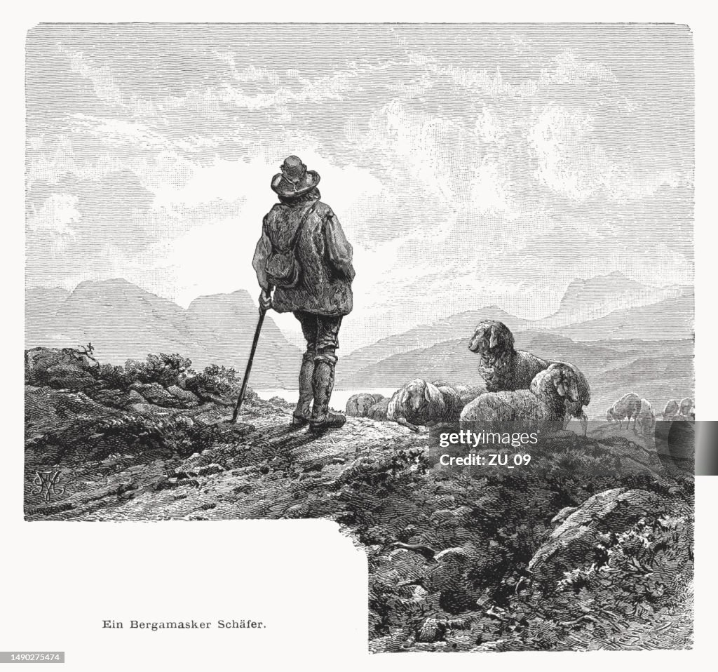 Un berger dans les Alpes bergamasques, Italie, gravure sur bois, publiée en 1877