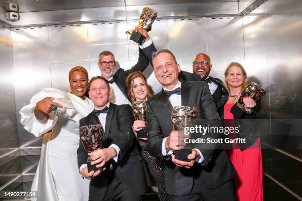 Charlene White, Leo Burley, Hannah Richards and Marvyn Benoit with cast and crew pose backstage win award for the Single Documentary Award for 'The...