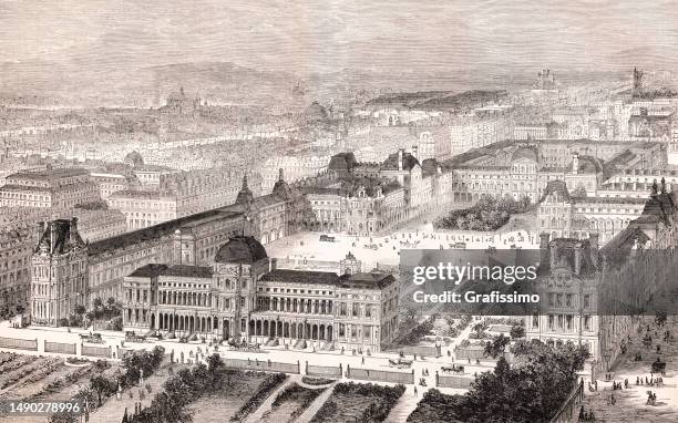 reconstruction of the tuileries palace paris 1877 - jardin des tuileries stock illustrations