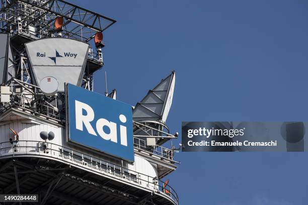 Detail view of the repeater tower of Italy's national public broadcasting company RAI on May 15, 2023 in Milan, Italy. Italy's right-wing government...