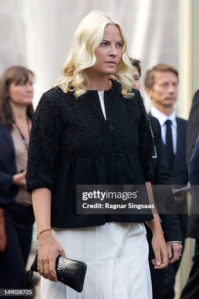 Princess Mette-Marit of Norway attends a wreath laying ceremony at the Ministries, to commemorate the anniversary of the terrorist attacks committed...