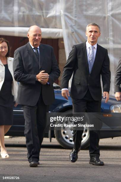 King Harald V of Norway and Norwegian Prime Minister Jens Stoltenberg attend a wreath laying ceremony at the Ministries, to commemorate the...