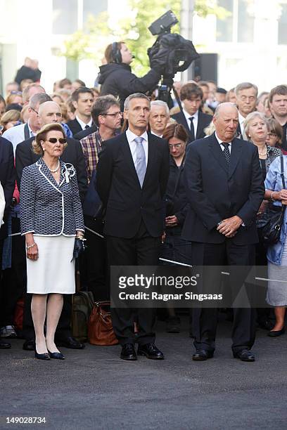 Queen Sonja of Norway, Norwegian Prime Minister Jens Stoltenberg and King Harald V of Norway attend a wreath laying ceremony at the Ministries, to...