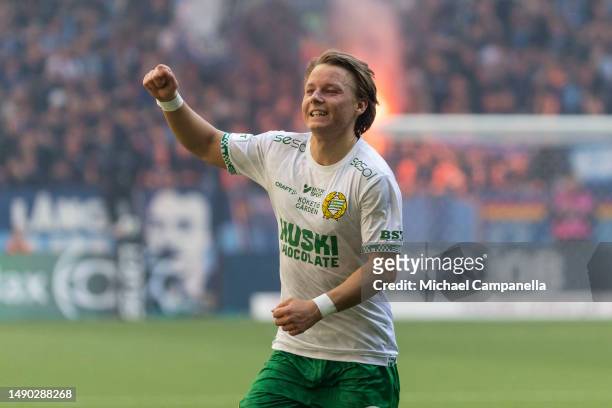 Hammarby's August Mikkelsen celebrates after scoring the 3-1 goal during an Allsvenskan match between Hammarby IF and Djurgardens IF at Tele2 Arena...