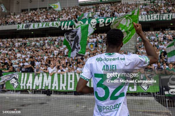 Hammarby's Nathaniel Adjei celebrates in front of supporters after an Allsvenskan match between Hammarby IF and Djurgardens IF at Tele2 Arena on May...