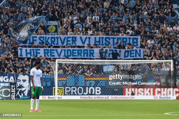 Banner displayed by Djurgarden supporters during an Allsvenskan match between Hammarby IF and Djurgardens IF at Tele2 Arena on May 14, 2023 in...