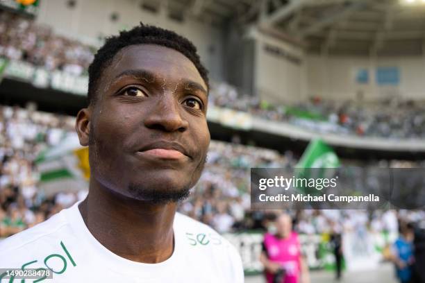 Hammarby's Nathaniel Adjei celebrates in front of supporters after an Allsvenskan match between Hammarby IF and Djurgardens IF at Tele2 Arena on May...