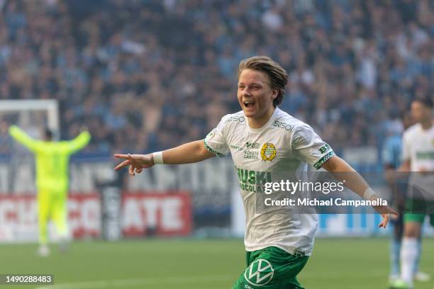 Hammarby's August Mikkelsen celebrates after scoring the 3-1 goal during an Allsvenskan match between Hammarby IF and Djurgardens IF at Tele2 Arena...