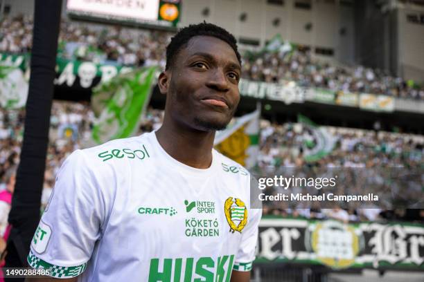 Hammarby's Nathaniel Adjei celebrates in front of supporters after an Allsvenskan match between Hammarby IF and Djurgardens IF at Tele2 Arena on May...