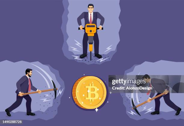 businessmen digging and mining to find cryptocurrency. bitcoin cryptocurrency mining. - digging hole stock illustrations