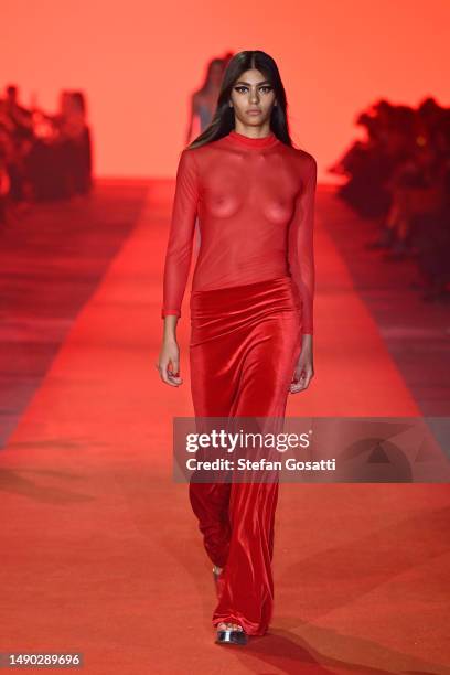 Model walks the runway during the Michael Lo Sordo - Presented by Afterpay show during Afterpay Australian Fashion Week 2023 at Carriageworks on May...