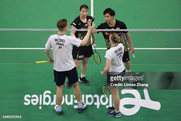 Delphine Delrue and Gicquel Thom of France celebrate the victory after the Mixed Doubles second round match against Yuta Watanabe and Arisa Higashino...