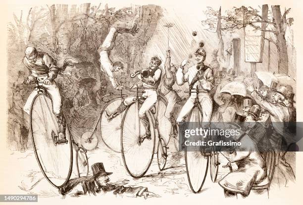 bicycle race in the tuileries garden on penny-farthing bicycles 1875 - jardin des tuileries stock illustrations