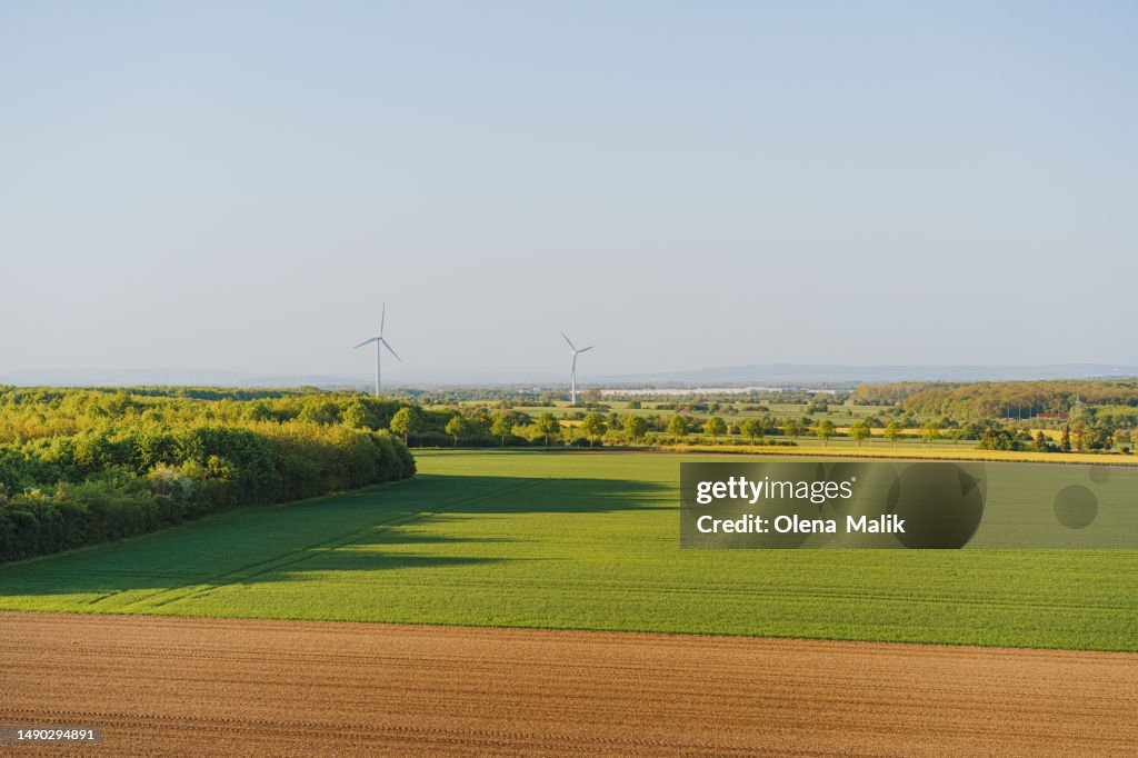 Alternative energy wind turbine in beautiful green landscape at sunset