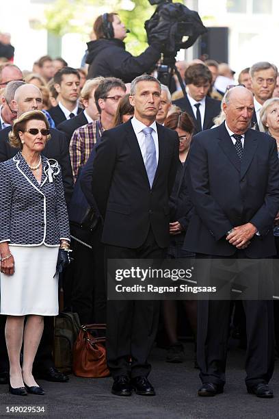 Queen Sonja of Norway, Norwegian Prime Minister Jens Stoltenberg and King Harald V of Norway attend a wreath laying ceremony at the Ministries, to...