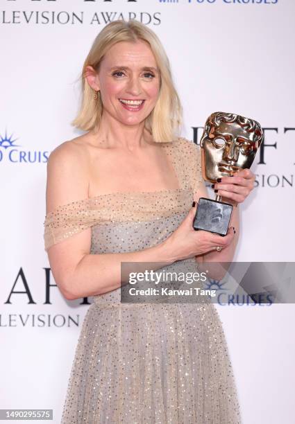 Anne-Marie Duff poses in the Winner's Room with the Supporting Actress Award for her performance in 'Bad Sisters' during the 2023 BAFTA Television...