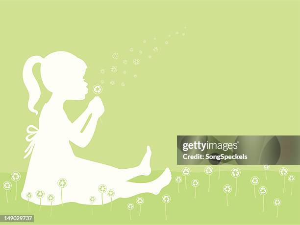 stockillustraties, clipart, cartoons en iconen met girl blowing recycle symbol dandelion - kind veld spelen