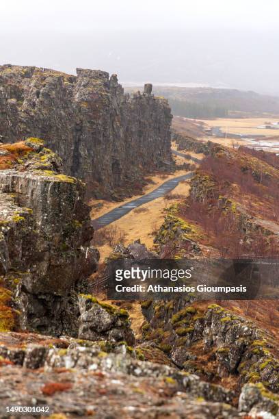 The Almannagja fissure in Thingvellir National Park on April 17, 2023 in Thingvellir, Iceland.