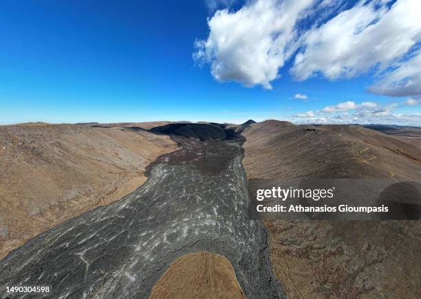 Aerial view of Fargradalsfjall volcano on April 14, 2023 in Grindavik, Iceland. .