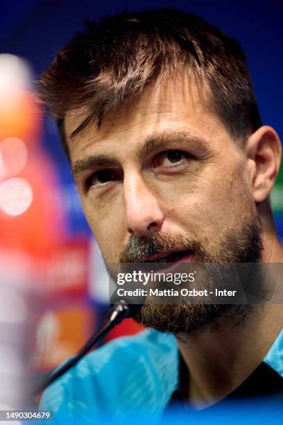 Francesco Acerbi of FC Internazionale speaks with the media ahead of their UEFA Champions League semi-final second leg match against AC Milan at...