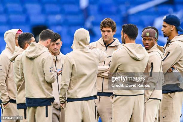 Ansu Fati of FC Barcelona walks onto the pitch prior to the LaLiga Santander match between RCD Espanyol and FC Barcelona at RCDE Stadium on May 14,...