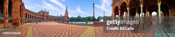 panoramic courtyard sevilla plaza de españa. - seville landscape stock pictures, royalty-free photos & images